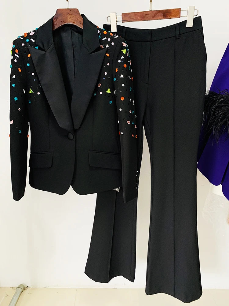 HIGH STREET Newest 2026 Designer Runway Fashion Suit Set Women's Slim Fitting Strass Diamonds Beaded Blazer Pants Set