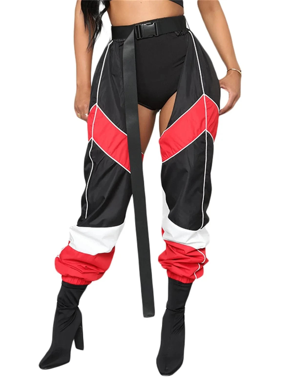 hirigin Women Buckles Bottomless Pants High Waist Cargo Trousers Crothchless Color Block Boggy Trousers Long Rave Legging