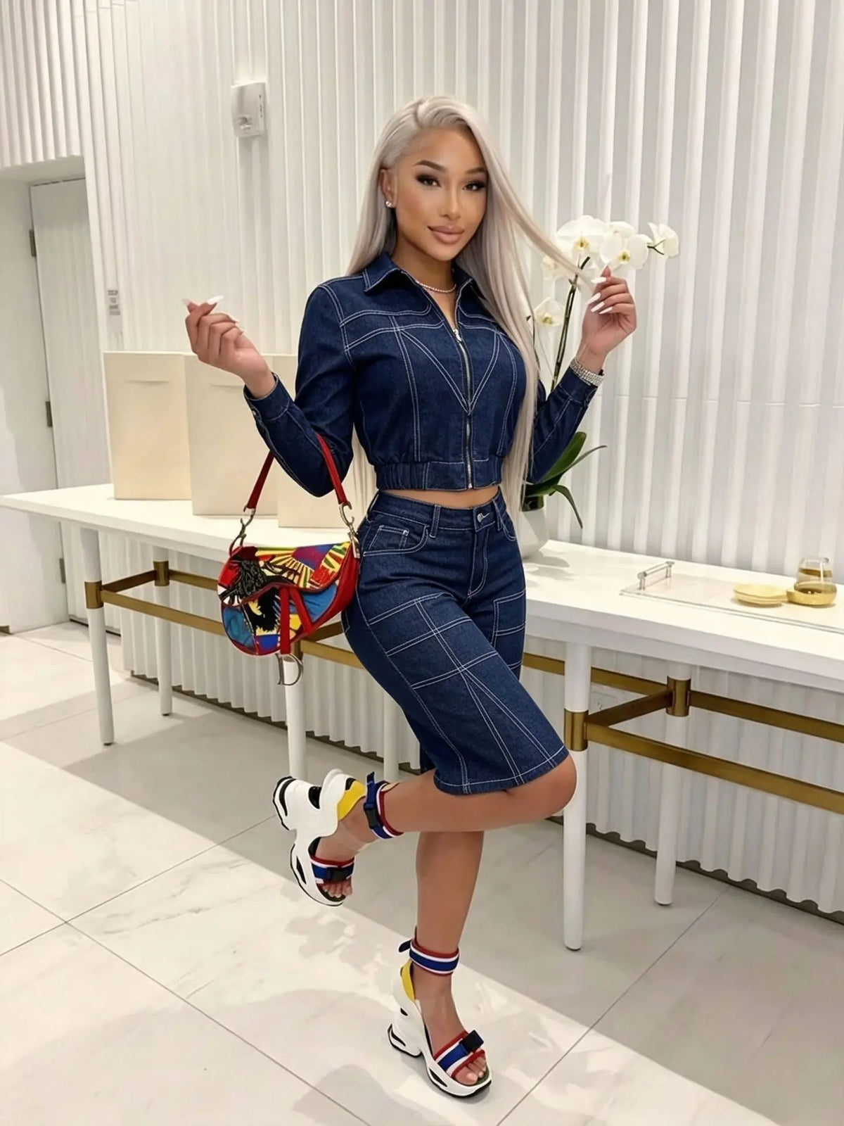 Casual Streetwear Denim Jacket and Shorts Set for Women