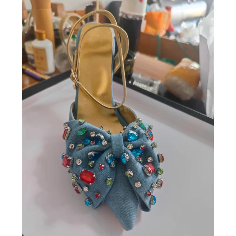 Crystal Rhinestone Bow Denim Pointed High Heel Sandals for Women