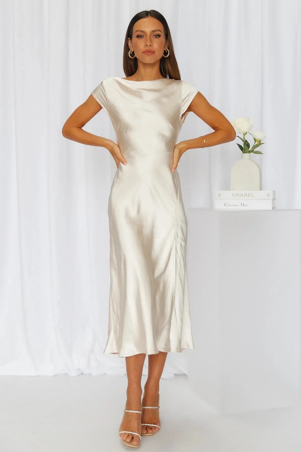 Elegant Solid Color Satin Slim Backless Slit Dress for Women