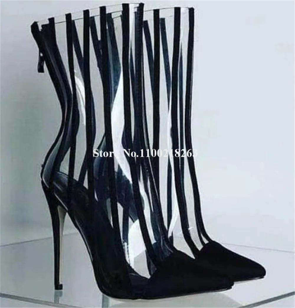 Transparent Patchwork Pointed Toe Stiletto Ankle Boots for Women