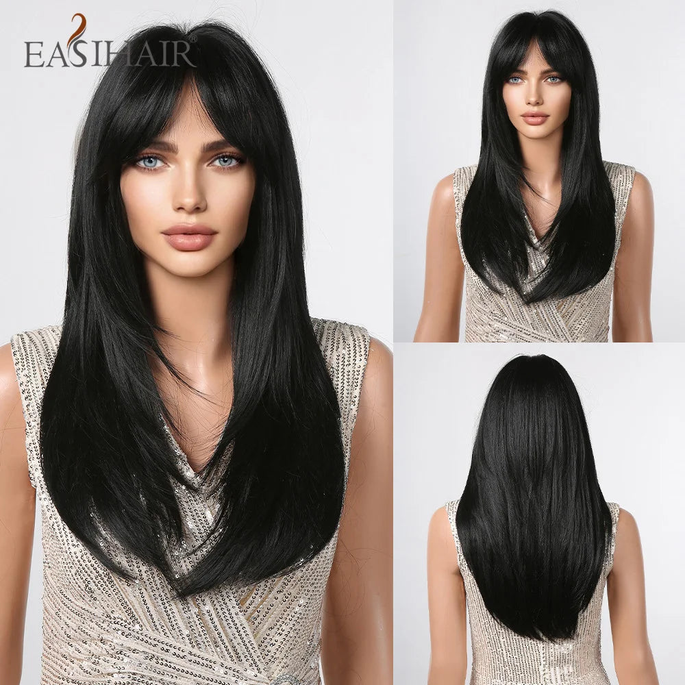 Dark Brown Synthetic Layered Wig With Bangs for Women