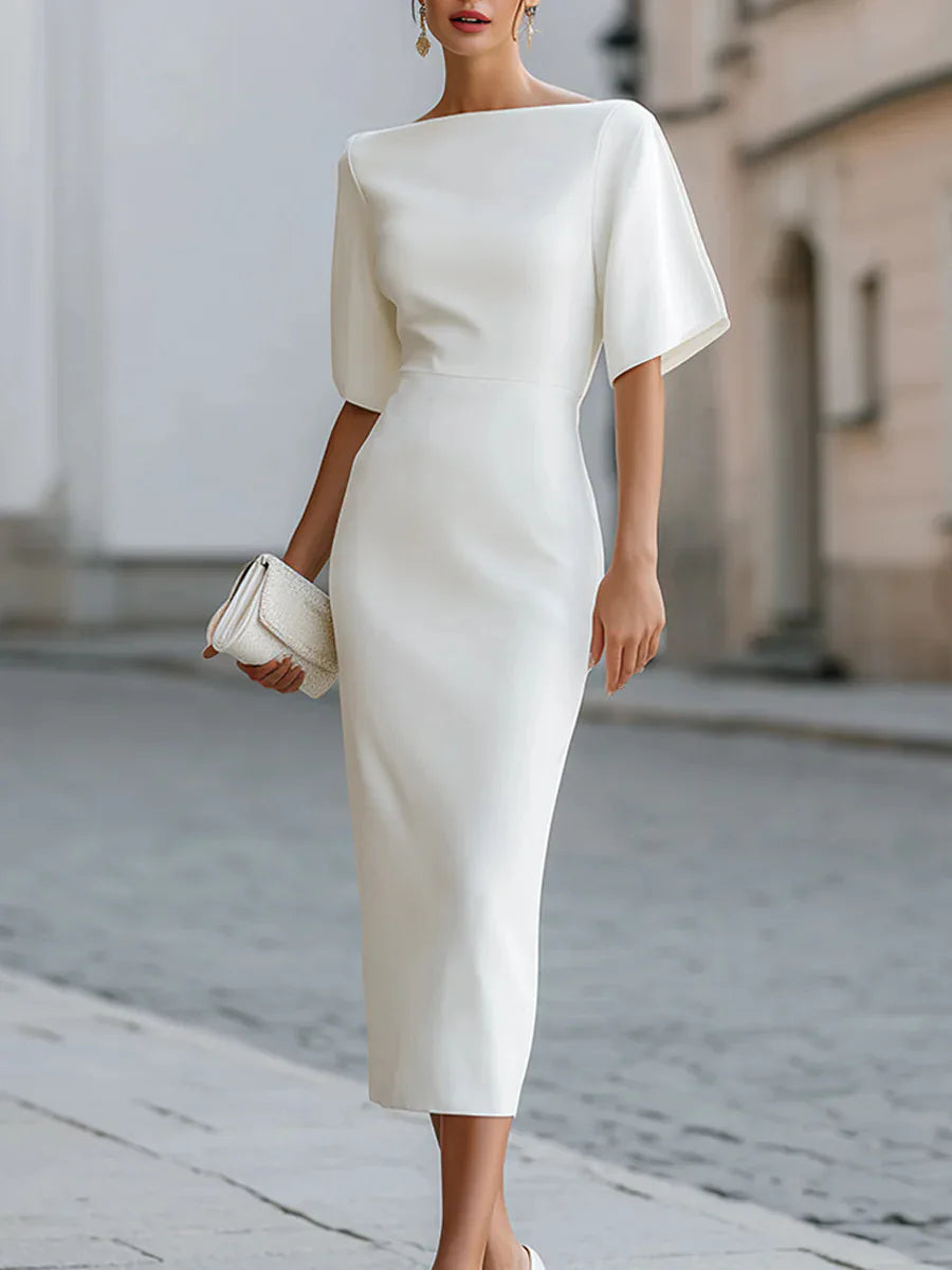 Elegant Office Midi Dress With Short Sleeves For Women