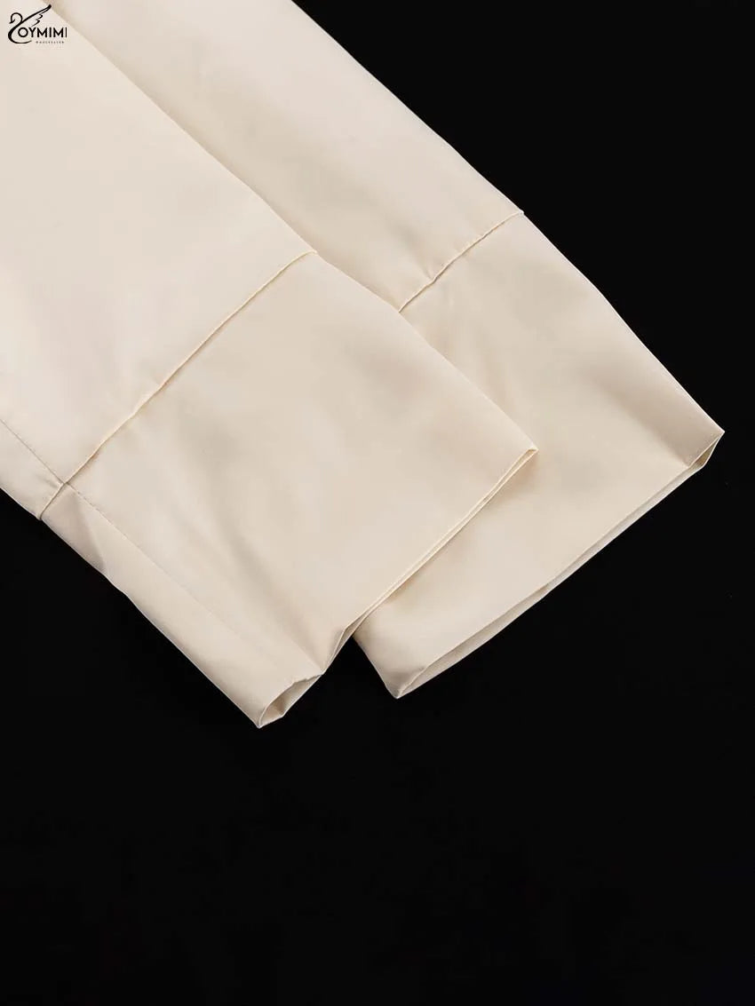 Oymimi Elegant Apricot 2 Piece Sets Women Outfit Fashion Long Sleeve Lace-Up Shirts And High Waist Straight Simple Trousers Sets