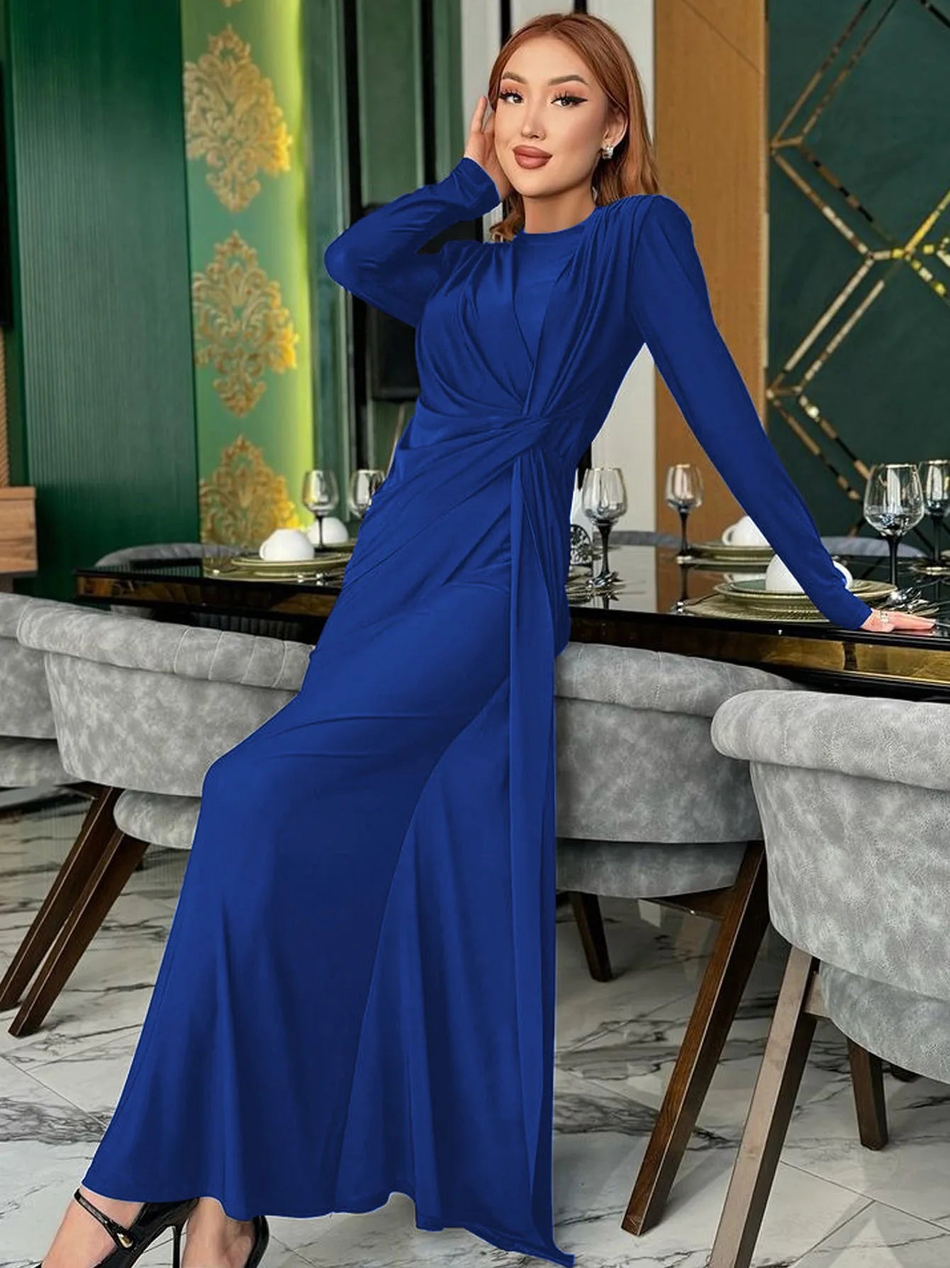 Elegant Ruched Long Sleeve Pleated Maxi Dress for Women