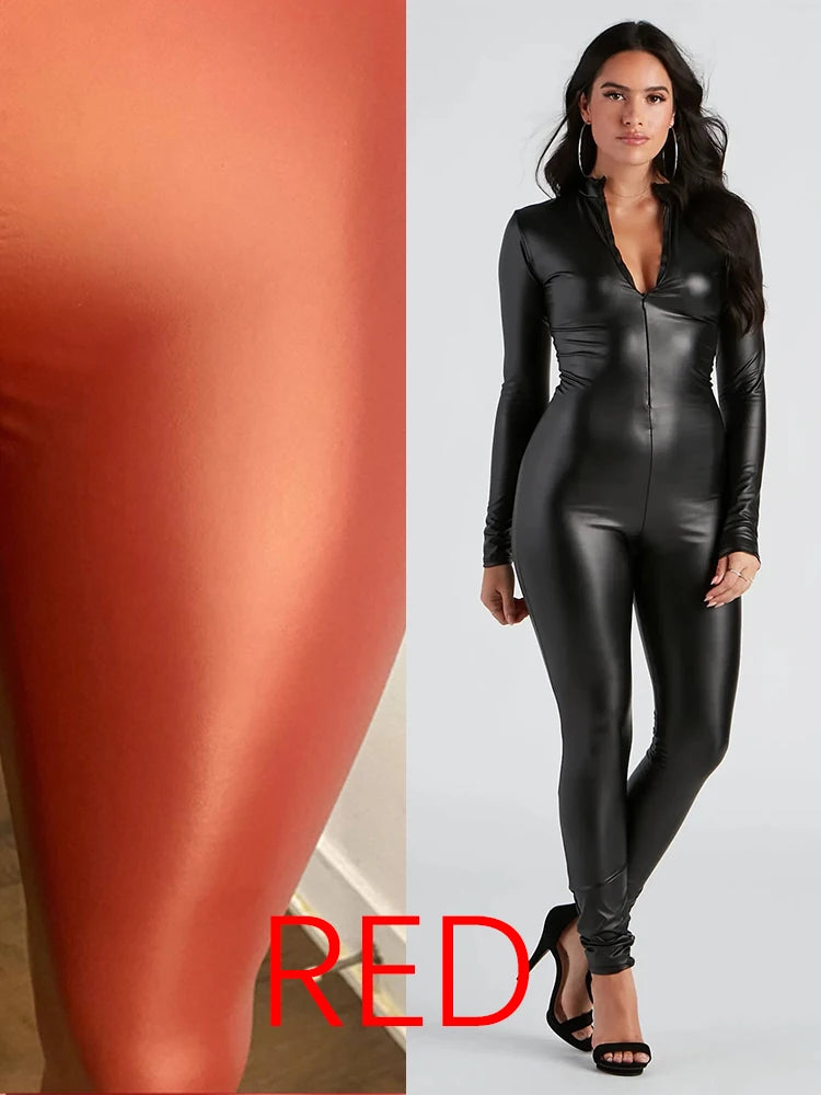 Long Sleeve Slim Fit Faux Leather Jumpsuit for Women