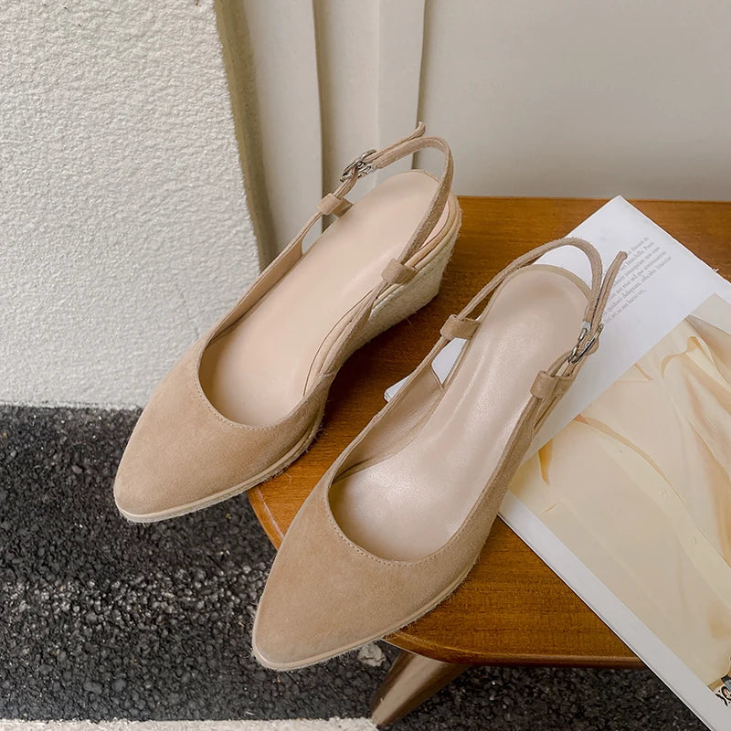 Apricot Back Strap Suede Wedge Platform Sandals for Women