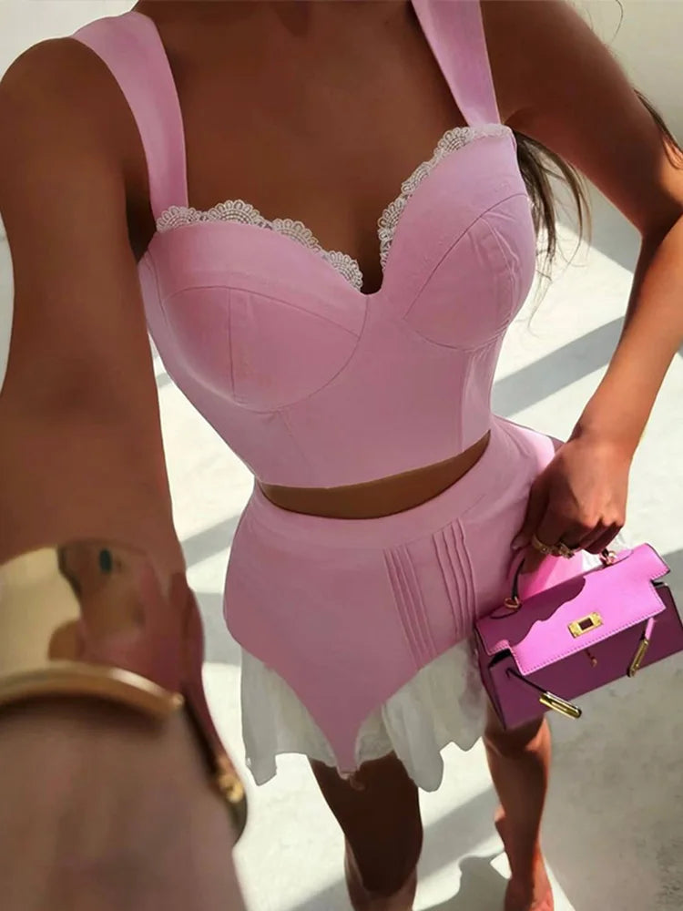 Patchwork Lace Sleeveless Mini Skirt And Camisole Set for Women
