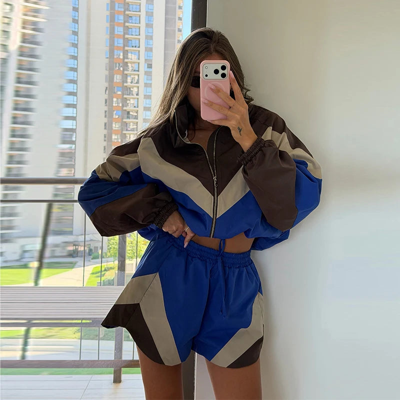 Contrast Color Zip Jacket and Shorts Two Piece Set for Women