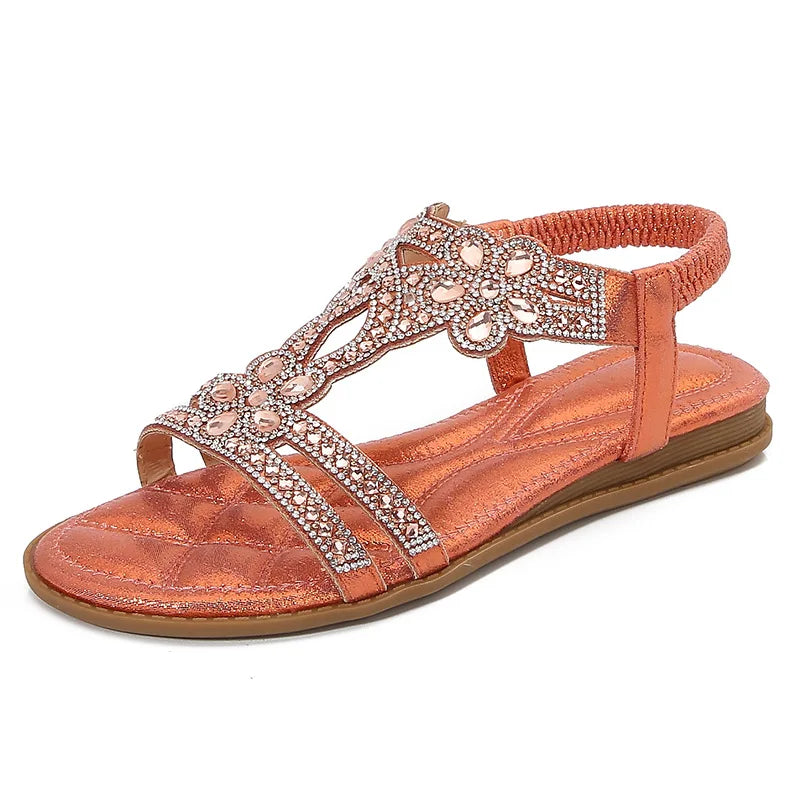 Bohemian Rhinestone Openwork Flat Sandals For Women