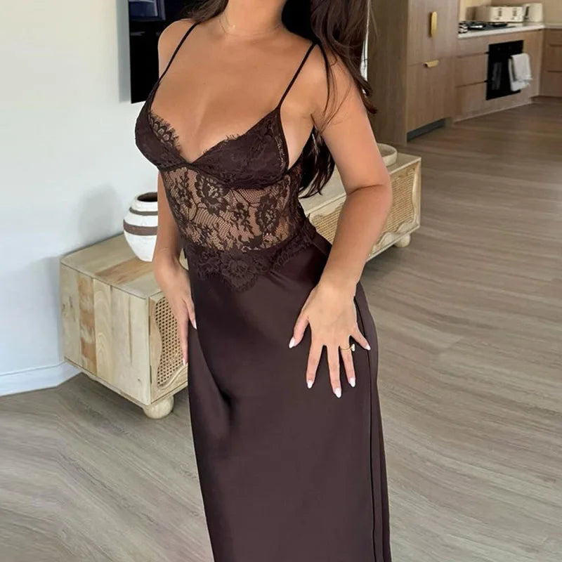 Satin Spaghetti Strap Deep V Neck Lace Patchwork Maxi Dress for Women