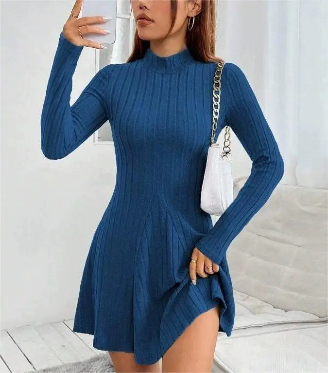 2026 New European and American Women's Slim Fit Half-Turtleneck Waist-Cinch A-Line Ribbed Long-Sleeve Dress