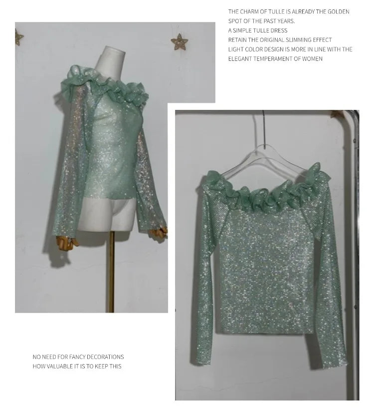 Fashion Blue Hollow Diamond Fringed Hip Skirt Set 2025 Spring New Elegant One-off Shoulder Top High Waist Skirt 2-piece Set