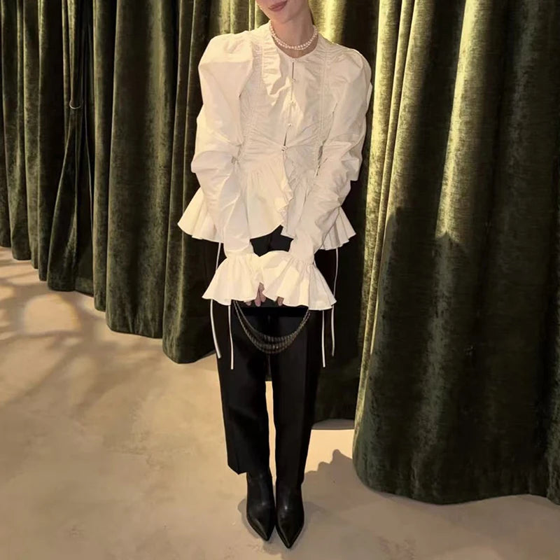 Casual Hollow Out Lace Tie Up Long Sleeve Blouse for Women