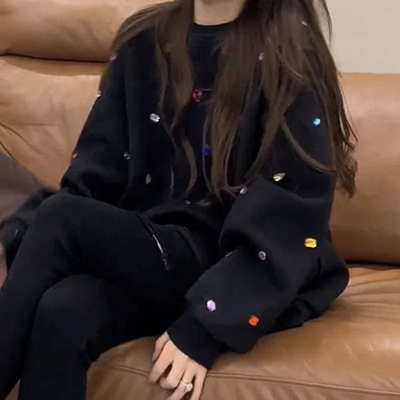 Korean style color drill turtle neck women's autumn and winter fashion shoulder-length long sleeve loose Joker black sweater