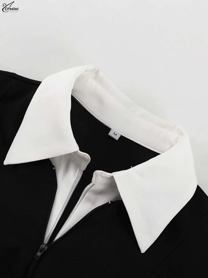 Oymimi Elegant Blue Cotton Womens Dresses Fashion Lapel Short Sleeve Button Dresses Autumn New High Waisted Pleated Mini Dress