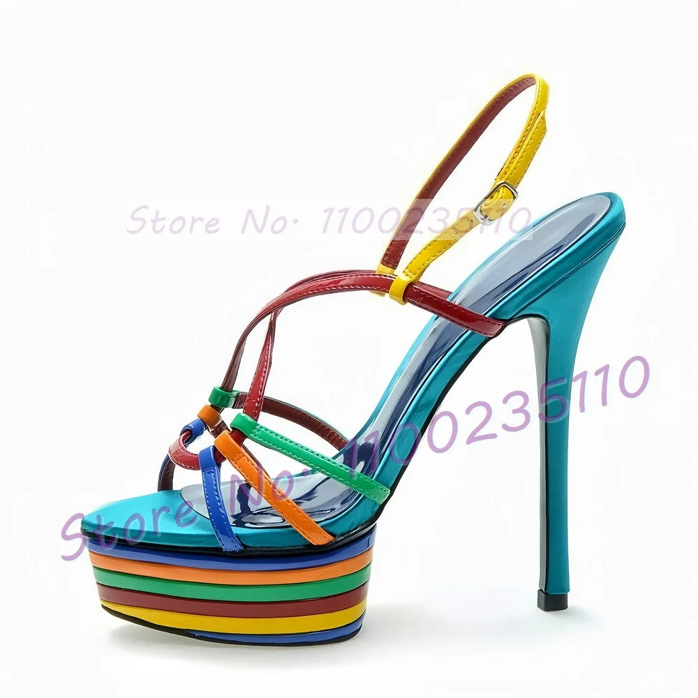 Colorful Striped Ankle Strap Platform Sandals For Women