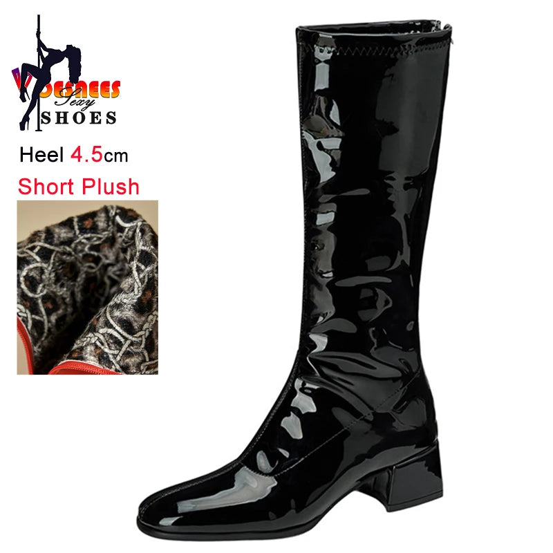 Red Patent Leather Square Toe Knee-High Boots for Women