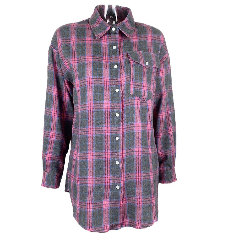 FSMG-Versatile Plaid Shirt For Women, Red Bright Grid, Oversized Blouse, Leisure And Fashionable Top, Spring And Autumn Seasons