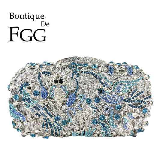 Boutique De FGG Light Blue Spahire Bird & Flower Women Crystal Clutch Evening Bags Wedding Bridal Animal Rhinestone Handbags