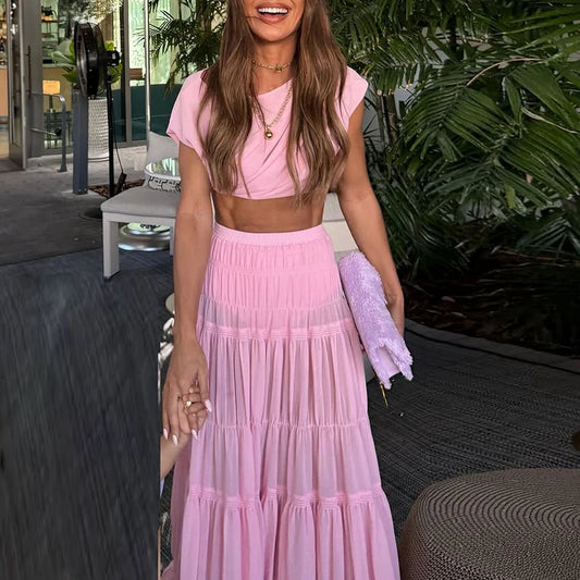 Female Casual O Neck Short Sleeved Top and Long Skirt Suit Fashion Pleated Party Outfits Pink Hollow Crop Holiday Two Piece Set
