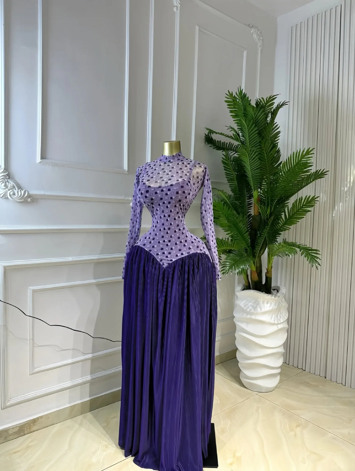 Pleated Stand Collar Maxi Dress With Long Sleeves for Women