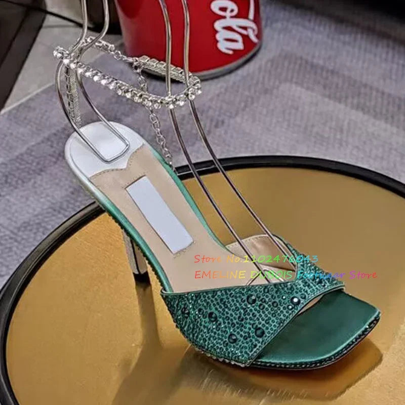 Rhinestone Chain Square Toe High Heel Sandals Women Sexy New Peep Toe Stiletto Heel Crystal Designer Brand Ladies Dress Shoes