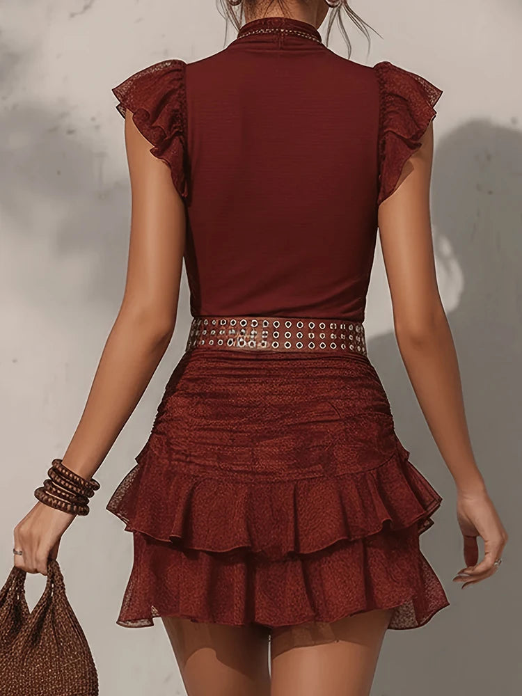 Ruffle Patchwork Mini Skirt Two Piece Set for Women