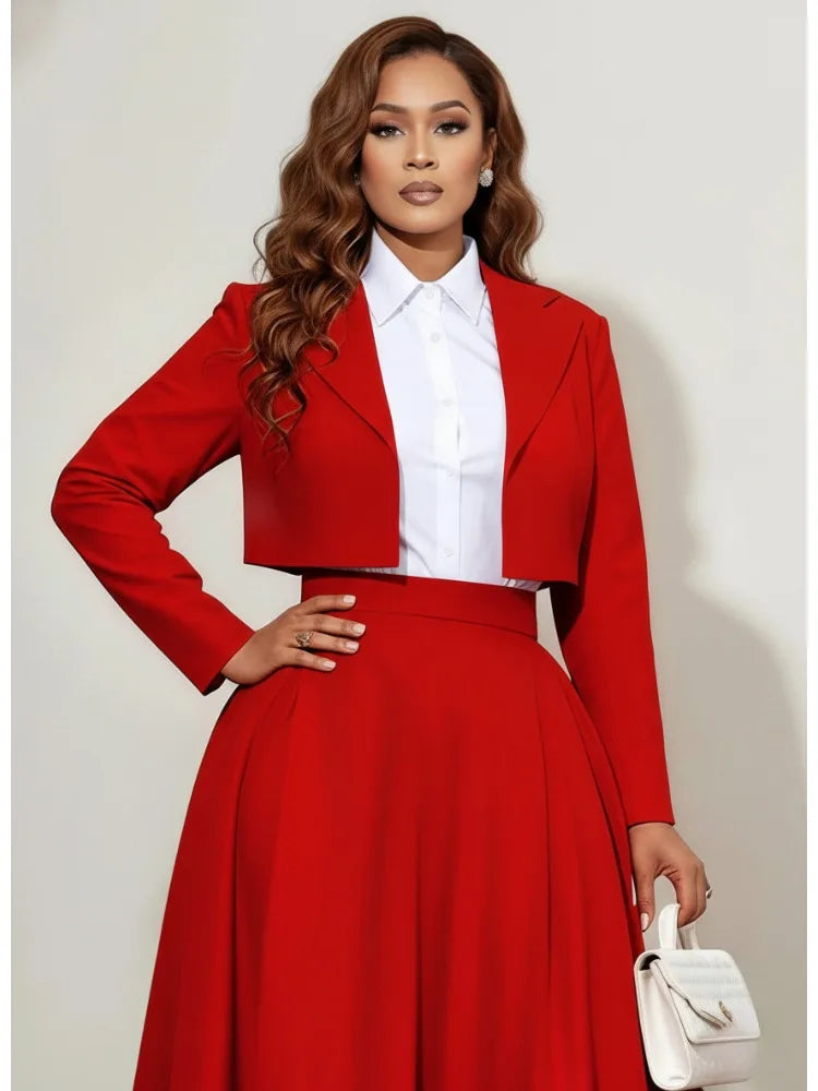 Classic Solid Red Cropped Blazer With Long Sleeves For Women
