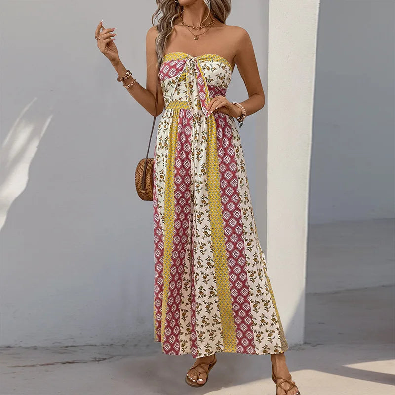 Printed Strapless Tube Top Tie Front Jumpsuit for Women