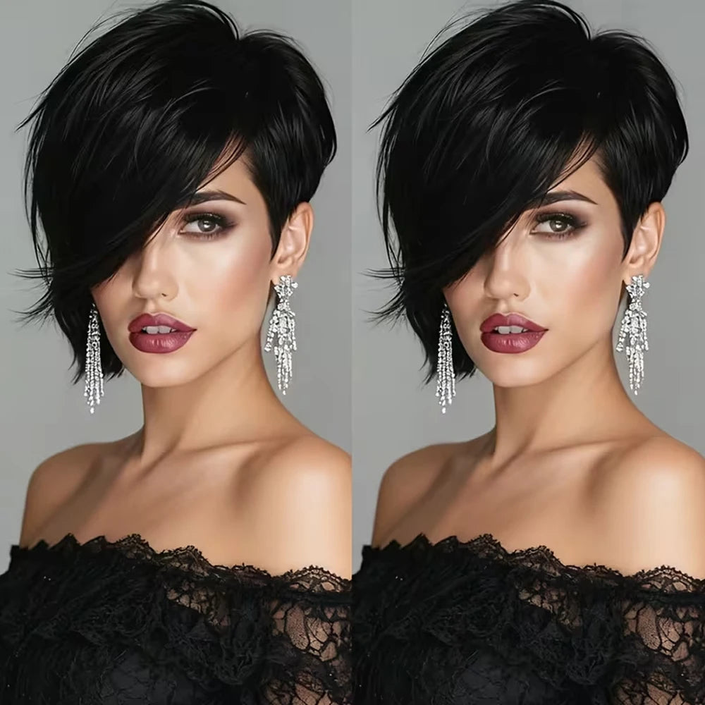 Short Pixie Cut Human Hair Wig With Side Bangs for Women