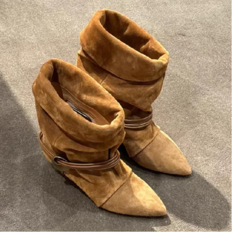 Vintage Stiletto Low Heel Boots Women's Fashion Brand Pleated Ankle Boots Brown Pointed High-end Texture New Cowboy Boots Shoes