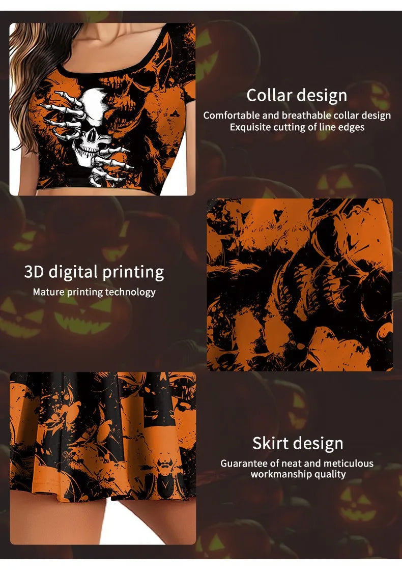 Gothic Skeleton Print Two Piece Costume Set for Women