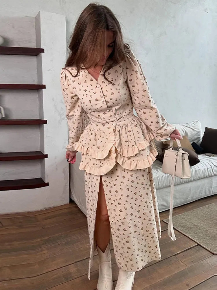 V Neck Button Lantern Sleeve Print Waistband Dress for Women