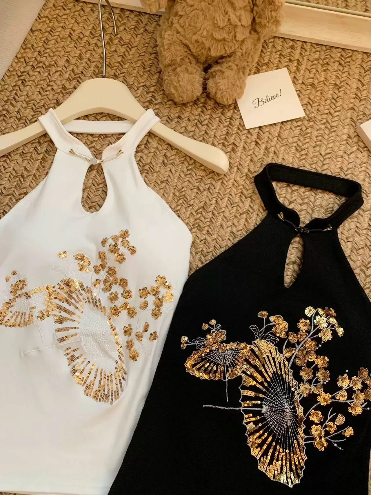 Vintage Sequin Embroidered Backless Camisole For Women