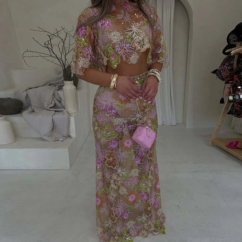 Embroidered Sequins O Neck Two Piece Set