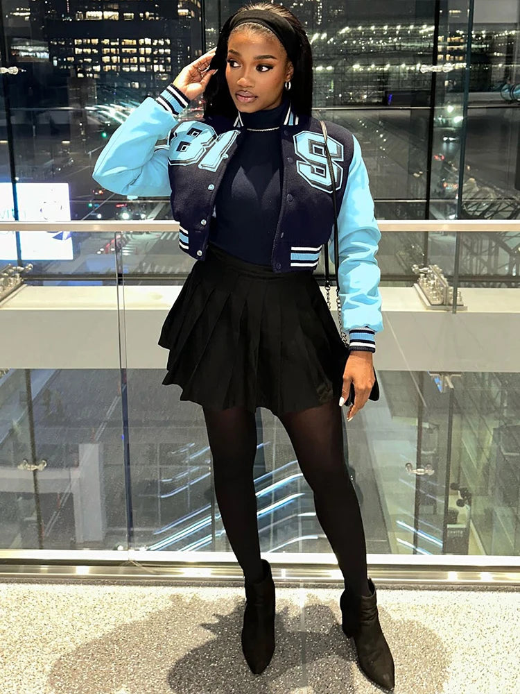 Patchwork Faux Leather Sleeve Cropped Jacket for Women