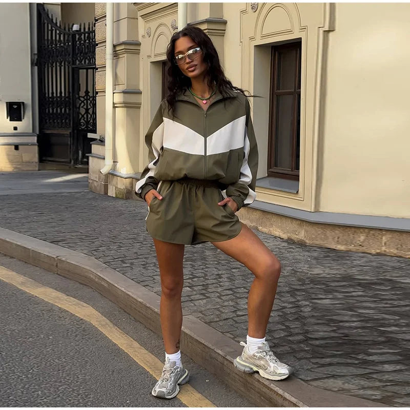Color Block Zip Jacket and Shorts Tracksuit for Women