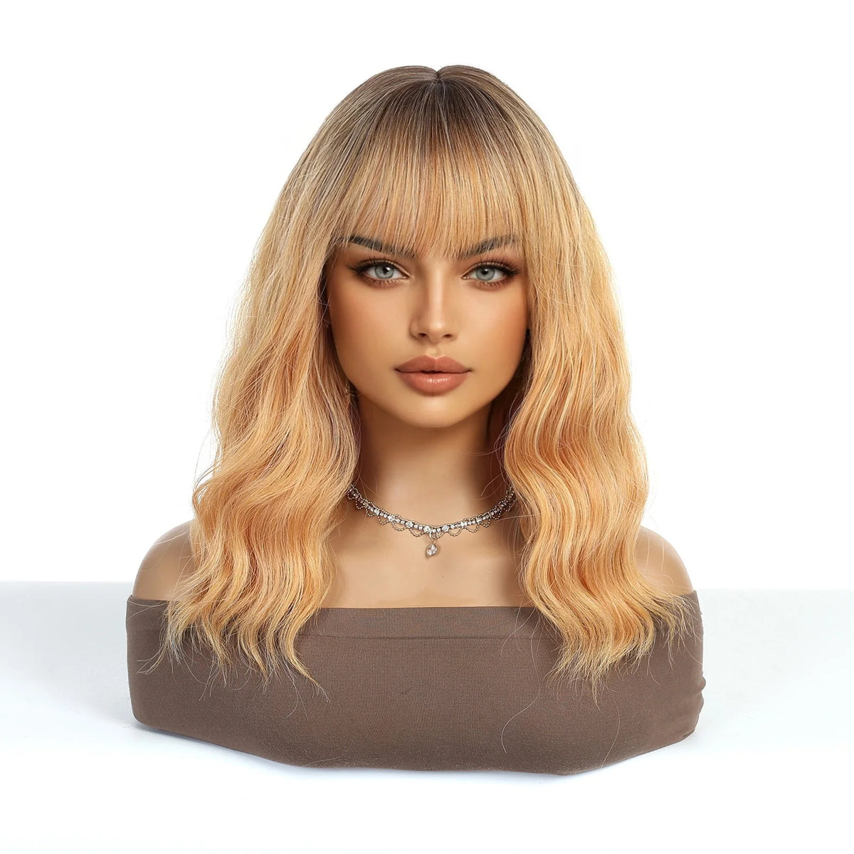 Medium Length Ombre Wavy Blonde Wig With Bangs for Women