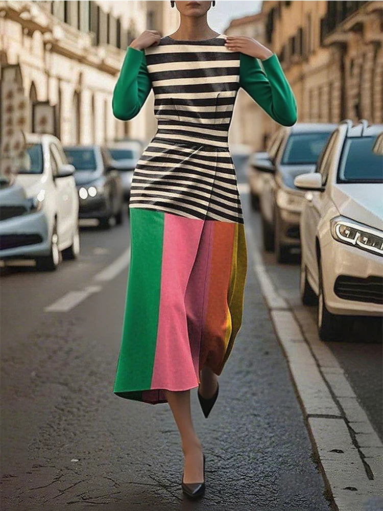 Gymystars Fashion Contrast Color Midi Dresses Women's Striped Party Dress Casual Long Sleeves Pleated Elegant Chic Dress Female