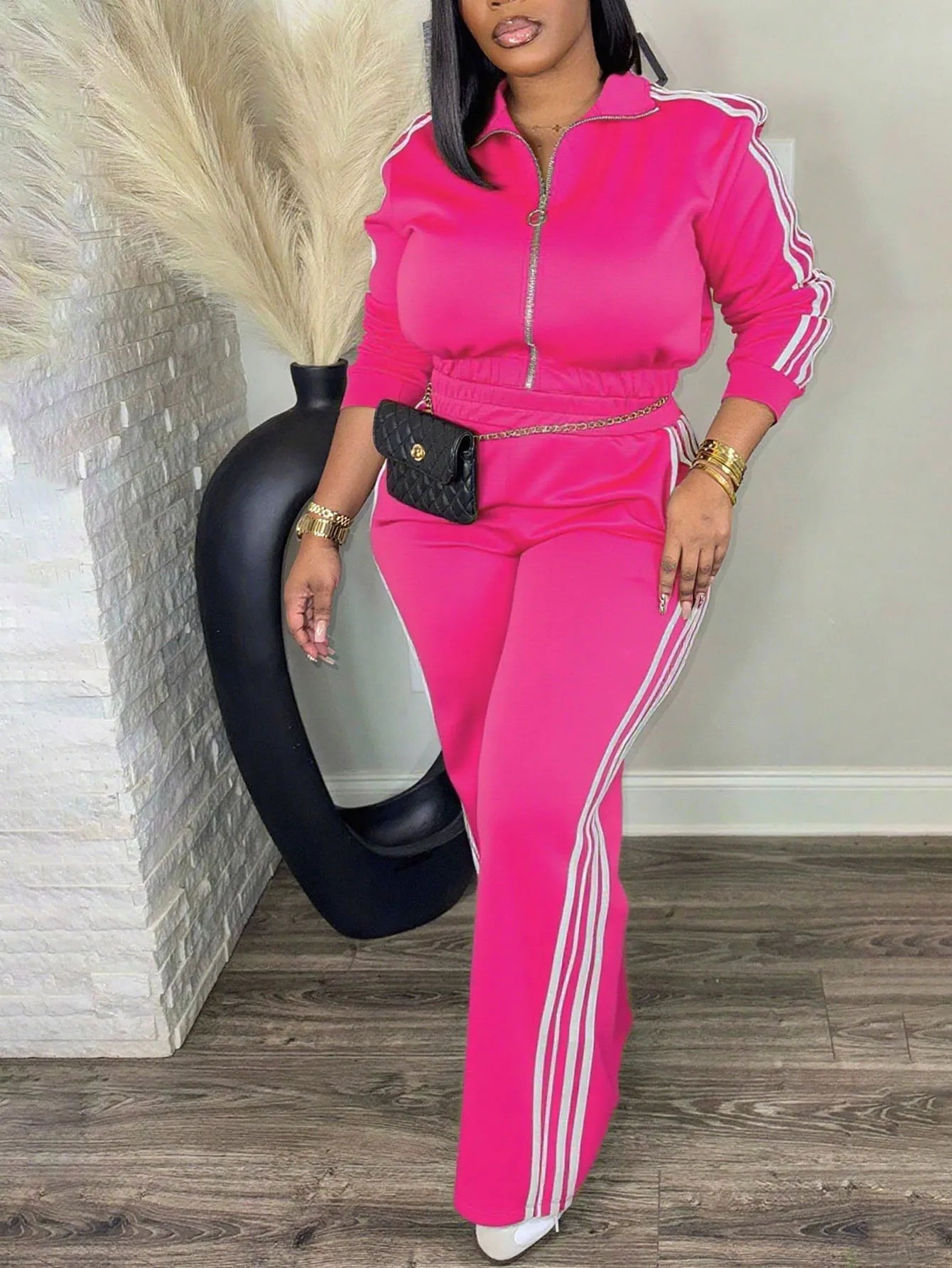 Women’s 2 Piece Tracksuit Set Zip-Up Top + High Waist Pants Side Stripe Casual Outfit