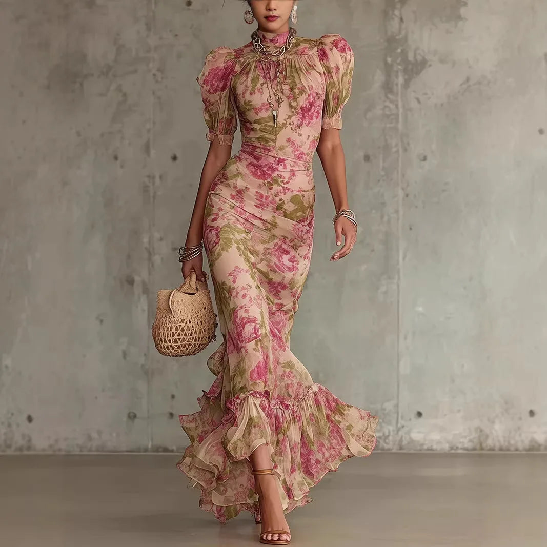 Vintage Chiffon Maxi Dress With Stand Collar Short Sleeve for Women