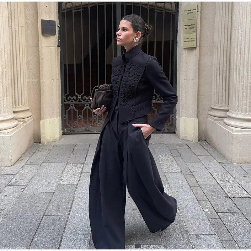 Elegant Satin Frog Button Standup Collar Jacket for Women