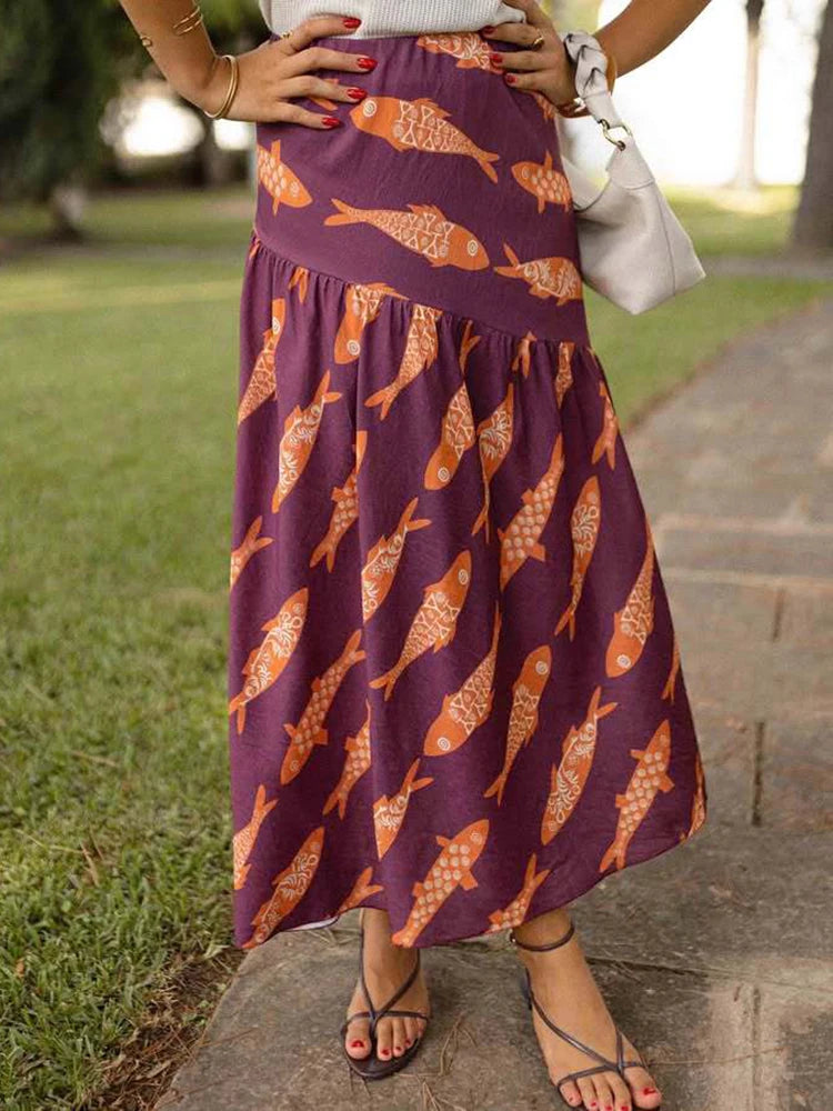 Women Autumn Beach Style Sexy Skirts, 2025 Patchwork Chic Elegant Fashion Skirts, Holiday Simple Retro Print Ladies Maxi Skirts