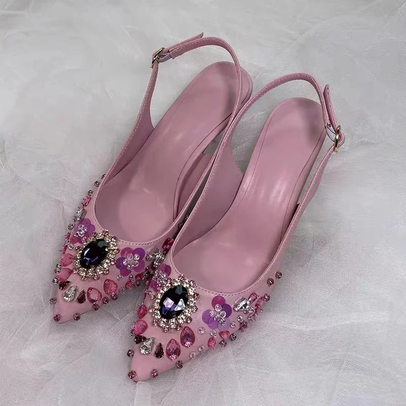 Elegant Pink Floral Rhinestone Slingback Wedding High Heels Pumps for Women