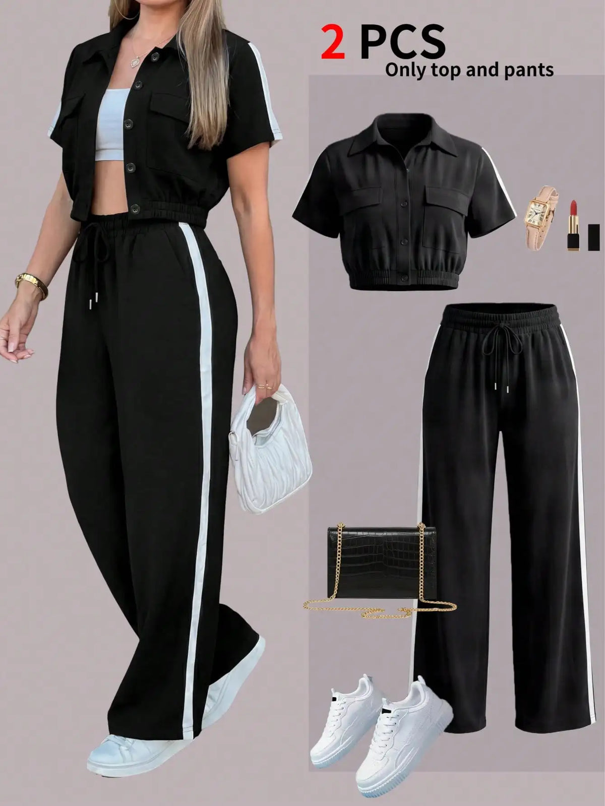Women's Spring and Summer New Fashion Open-Collar Short-Sleeve Navel-Exposing Jacket Set with Casual Daily Striped Elastic Waist Drawstring Loose Long Pants Two-Piece Set