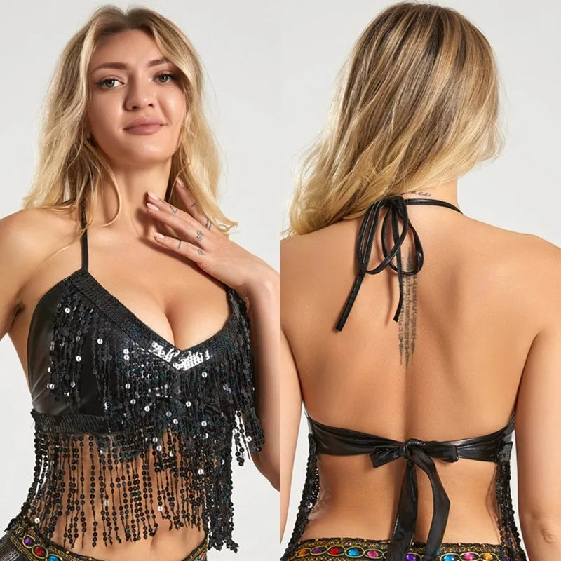 Sequined Tassel Latin Dance Crop Top and Skirt Set for Women