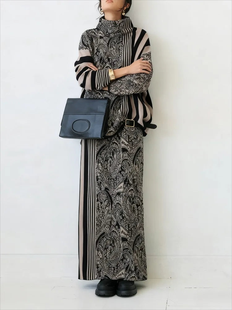 Gymystars Casual Autumn Two Piece Set Elegant Loose Striped Pullovers Column Knitting Skirts Fashion Trend Winter Skirts Suits