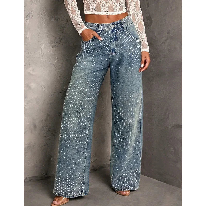 Rhinestone Embellished High Waist Denim Jeans for Women